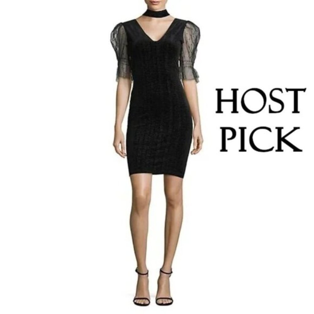 NWOT TFNC black & gold tulle sleeve choker velvet mini dress